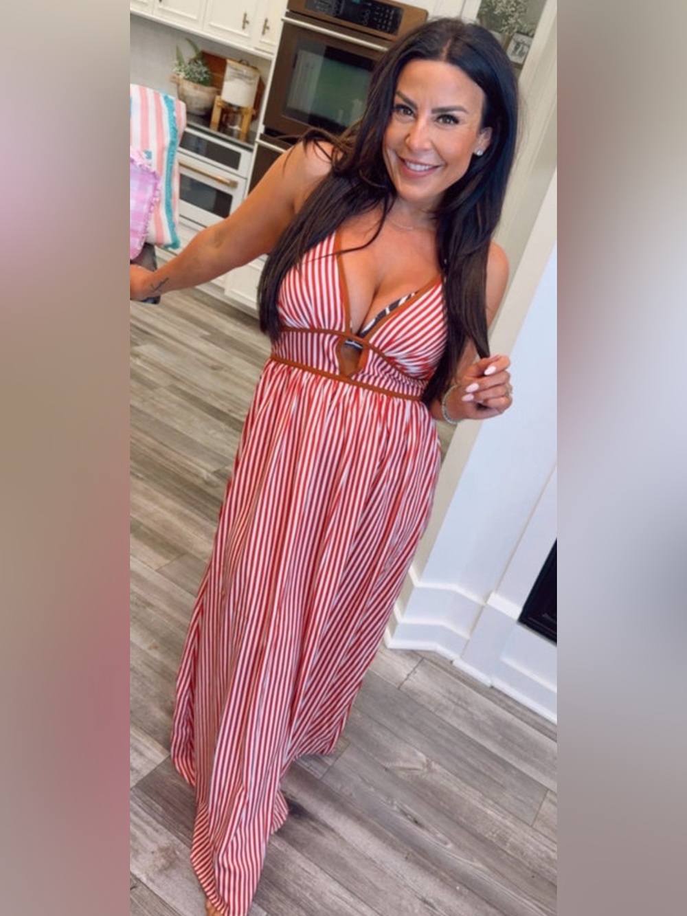 Red & White Pinstripe with Brown Trim Halter Dress
